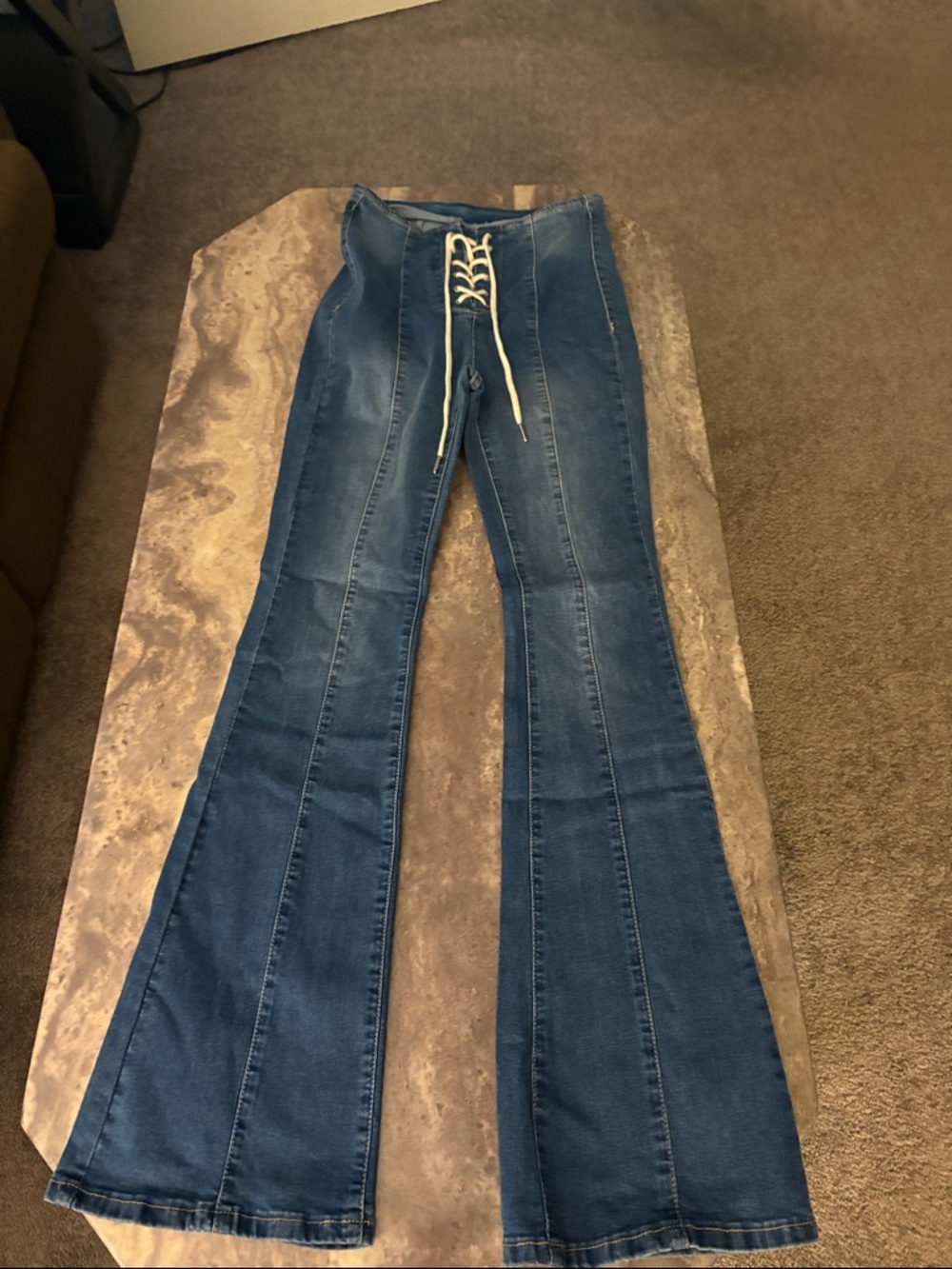 SHEIN Blue Lace-Up High-Waist Flare Jeans